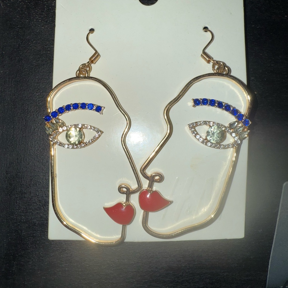 Abstract Face Gold and Red Earrings